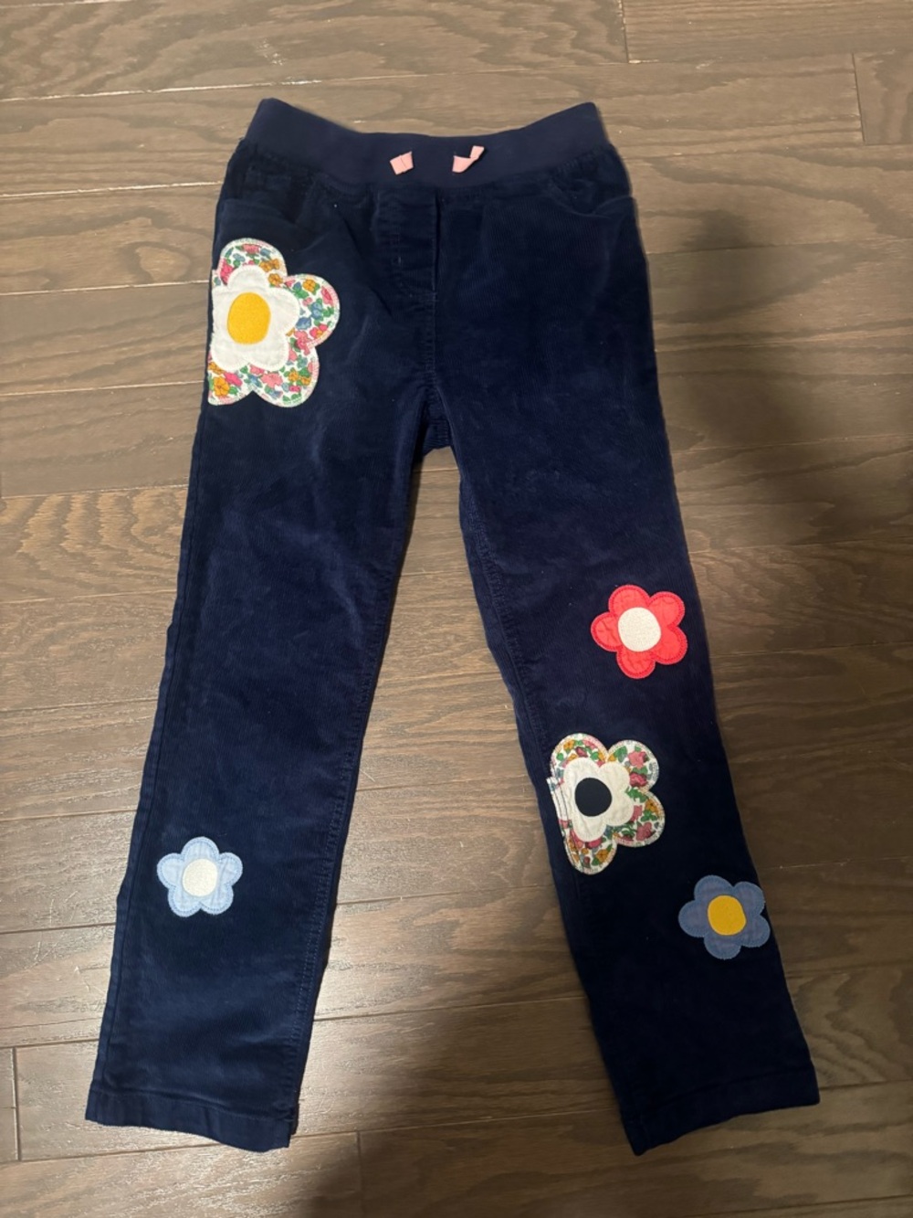 Boden Navy Corduroy Leggings with Colorful Flower Appliqués